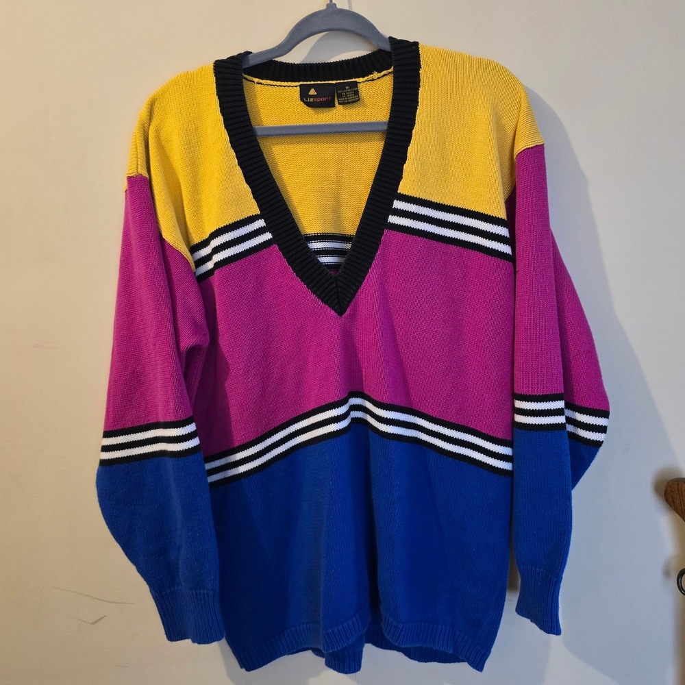 Lizsport Vintage Colorblock V-Neck Sweater Yellow Pink Blue Cotton Womens Medium